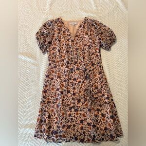 LOFT Pink Floral Dress with Navy & Rust Accents (Faux Wrap Style)